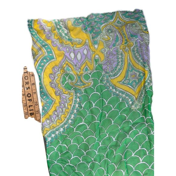 Vintage Chiffon Rectangle Scarf Green Mermaid Scales Silk Blend Neck Wrap - Picture 1 of 4